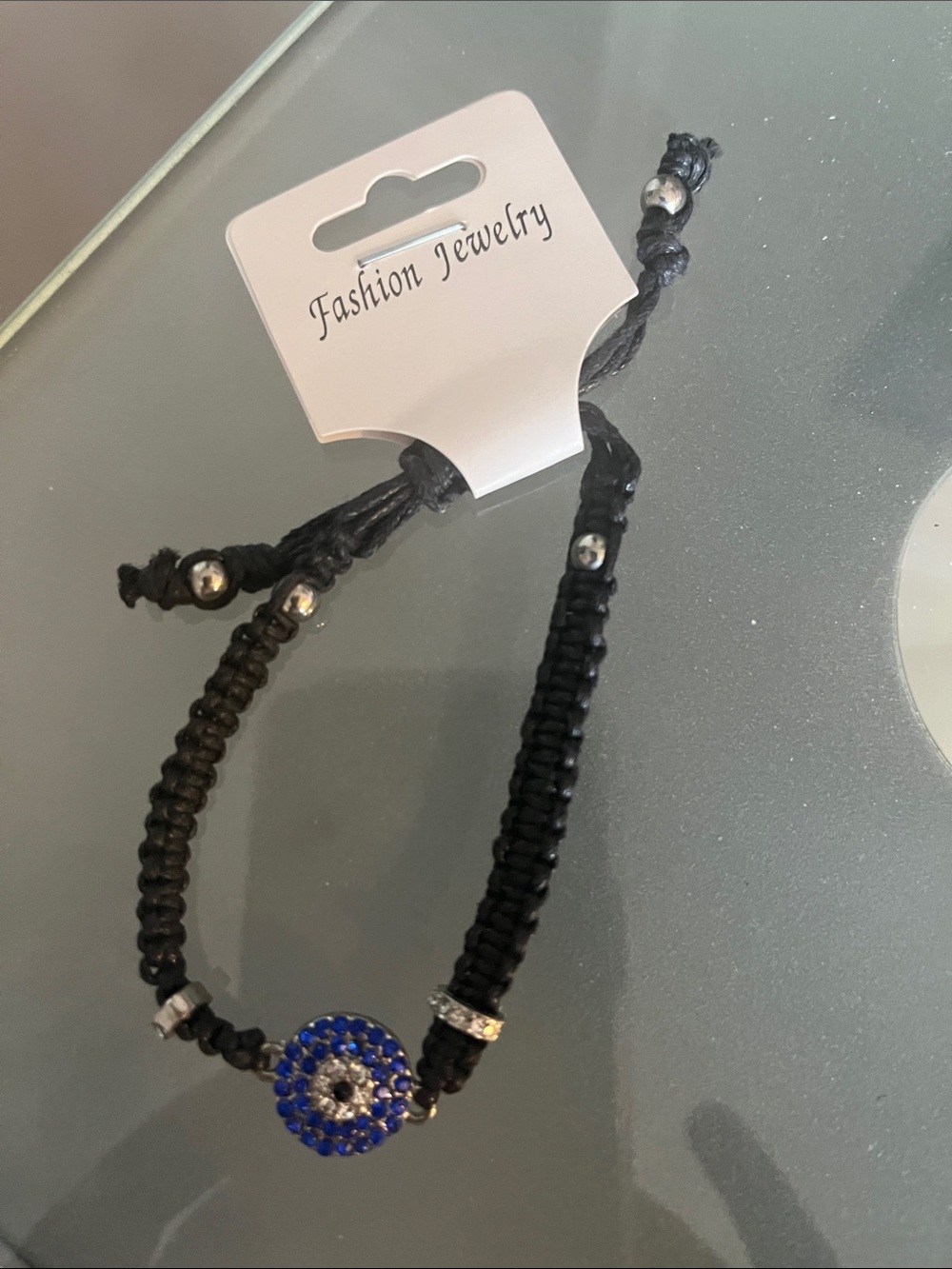 Black Macrame Bracelet with Blue Crystal Eye Charm